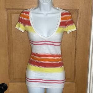 Y2K Long T-shirt Deep V Layering American Eagle AEO Size XXS Cotton S/S‎ Stripes